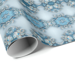 Blauw Sierlijk Bloemmotief Inpakpapier