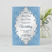 Blauw sierlijk Lijst bruiloft uitnodiging (Staand voorkant)