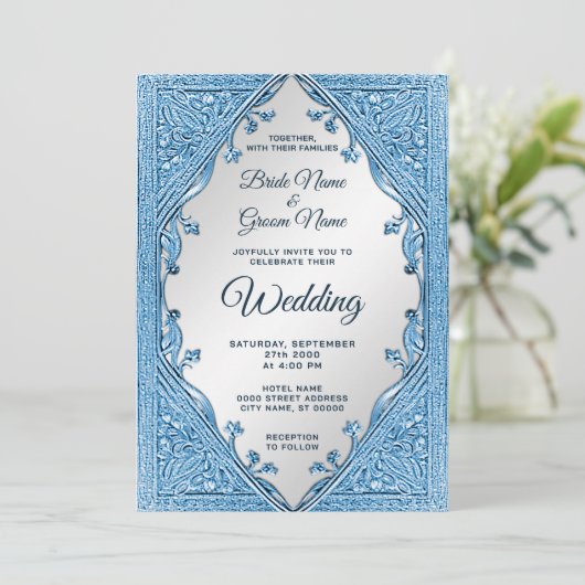 Blauw sierlijk Lijst bruiloft uitnodiging (Staand voorkant)