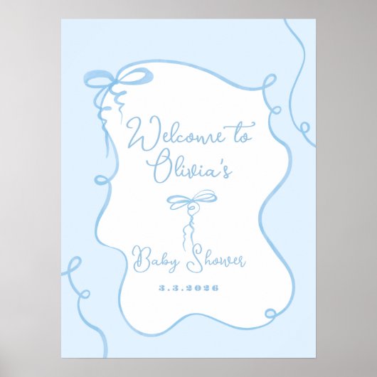 Blauw sierlijke golvende boog baby shower welkom poster (Voorkant)