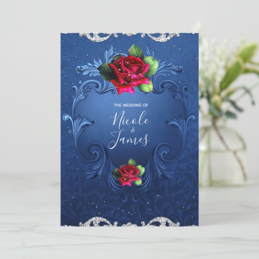 Blauw  sierrode rozen bruiloft kaart (Staand voorkant)