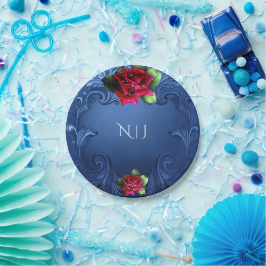 Blauw  sierrode rozen bruiloft papieren bordje (Feest)