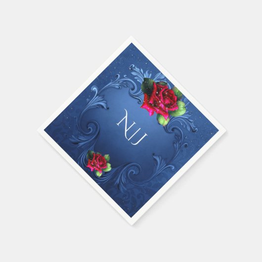 Blauw  sierrode rozen bruiloft servetten (Hoek)