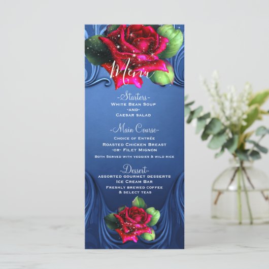 Blauw  Sierrood Rozen Trouwmenu Menu (Staand voorkant)