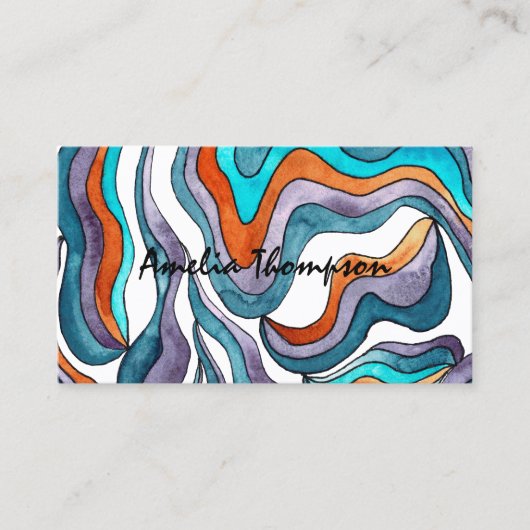 Blauw Sinaasappel Abstracte golvende lijnen Boho G Visitekaartje (Voorkant)