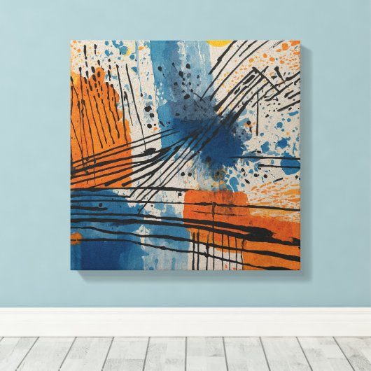 Blauw Sinaasappel Abstracte Waterverf muurkunst Canvas Afdruk (Insitu (Houten vloer))