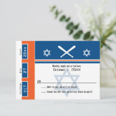 Blauw Sinaasappel Bar Mitswa Baseball Ticket RSVP (Staand voorkant)