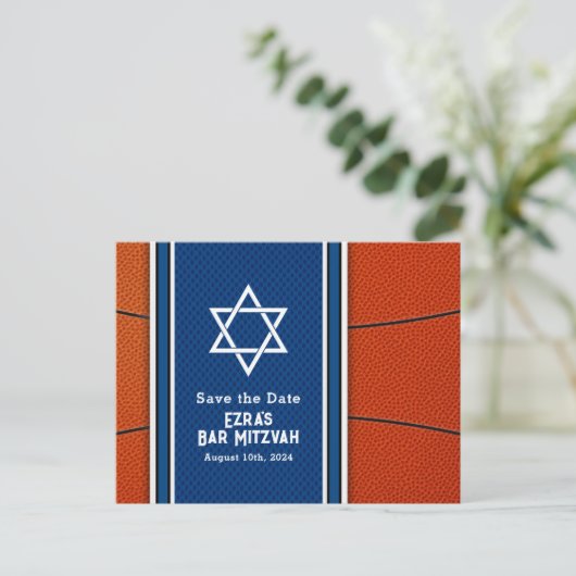 Blauw Sinaasappel Basketbal Bar Mitzvah Save the D Briefkaart (Staand voorkant)