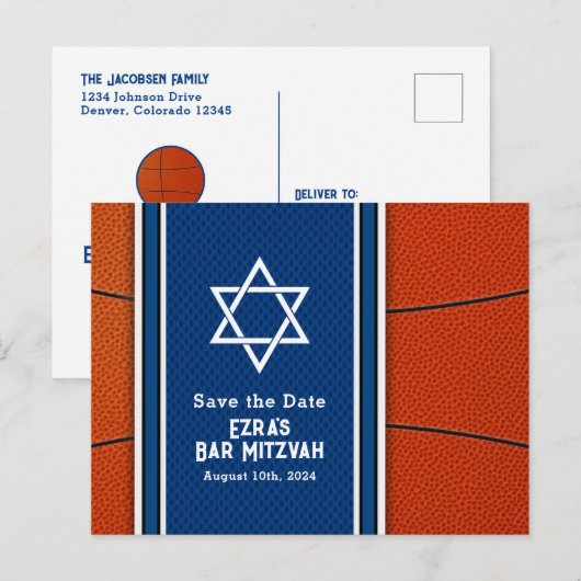 Blauw Sinaasappel Basketbal Bar Mitzvah Save the D Briefkaart (Voorkant / Achterkant)