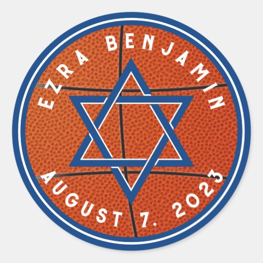 Blauw Sinaasappel Basketbal Thema Bar Mitzvah Ronde Sticker (Voorkant)