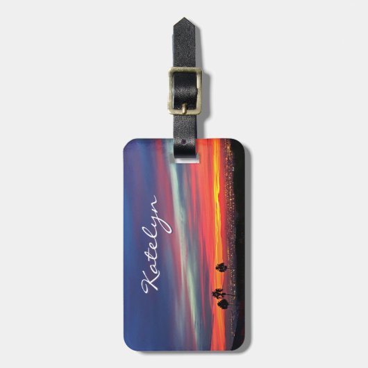 Blauw sinaasappel bewolkt zonsondergang foto aange bagagelabel (Voorkant verticaal)