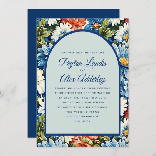 Blauw Sinaasappel Bloemboog bruiloft Kaart (Voorkant / Achterkant)