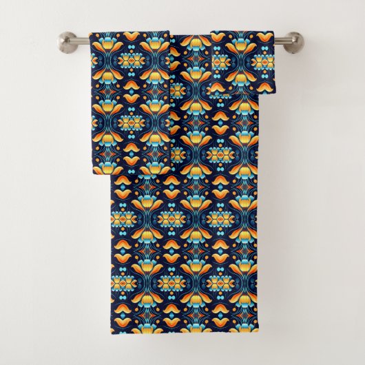 Blauw sinaasappel bloemen Art Deco Bad Handdoek (Insitu)