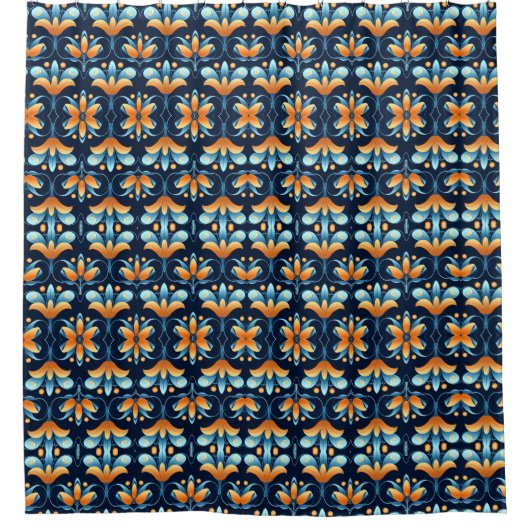 Blauw sinaasappel bloemen Art Deco Douchegordijn (Voorkant)
