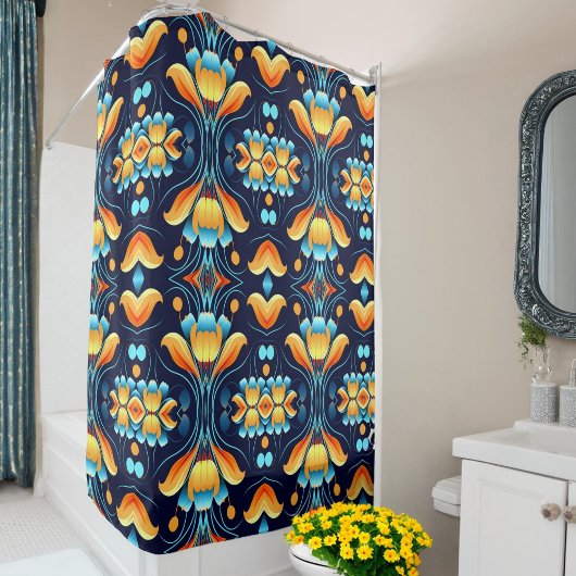 Blauw sinaasappel bloemen Art Deco Douchegordijn