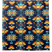 Blauw sinaasappel bloemen Art Deco Douchegordijn (Voorkant)