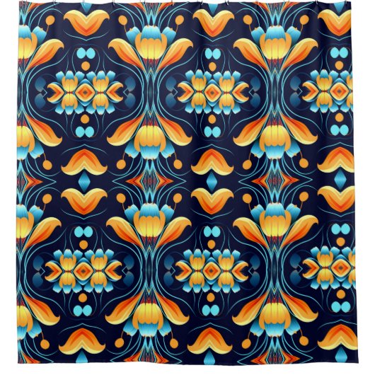 Blauw sinaasappel bloemen Art Deco Douchegordijn (Voorkant)