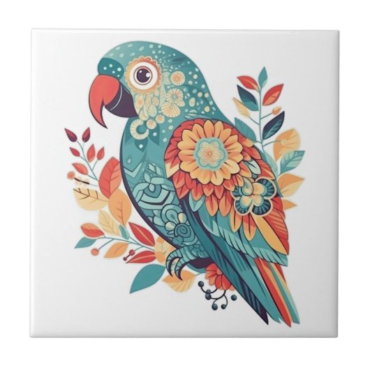 Blauw Sinaasappel Bloemen Boho Parrot Folk Art Tegeltje (Voorkant)