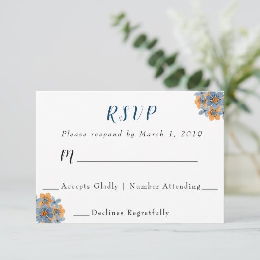 Blauw & Sinaasappel Bloemen Bruiloft RSVP Reactie  (Staand voorkant)