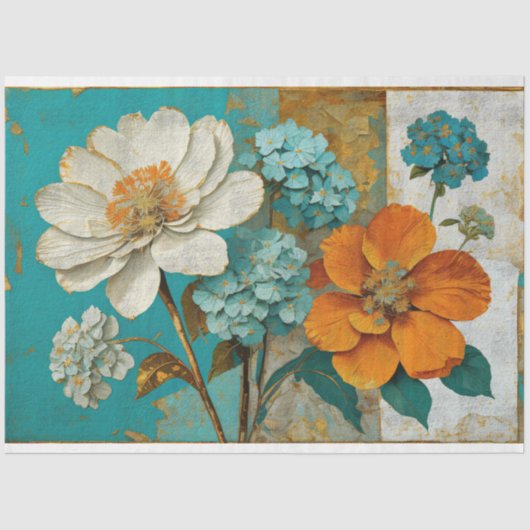  Blauw Sinaasappel Bloemen Decoupage Tissuepapier (Voorkant)