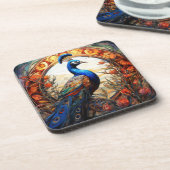 Blauw Sinaasappel Bloemen Herfst Peacock Glas in l Bier Onderzetter (Linkerzijde)