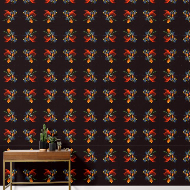 Blauw Sinaasappel Bloemen Modern Abstract Kunstpat Behang (Hal)