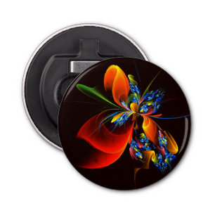 Blauw Sinaasappel Bloemen Modern Abstract Kunstpat Button Flesopener