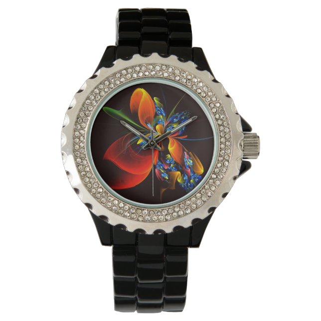Blauw Sinaasappel Bloemen Modern Abstract Kunstpat Horloge (Voorkant)