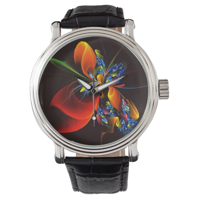 Blauw Sinaasappel Bloemen Modern Abstract Kunstpat Horloge (Voorkant)