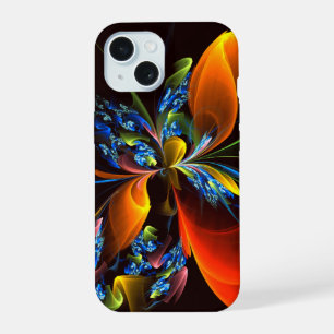 Blauw Sinaasappel Bloemen Modern Abstract Kunstpat iPhone 15 Case