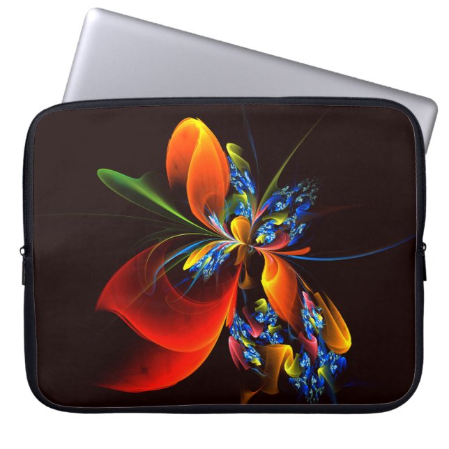 Blauw Sinaasappel Bloemen Modern Abstract Kunstpat Laptop Sleeve (Voorkant)