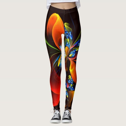 Blauw Sinaasappel Bloemen Modern Abstract Kunstpat Leggings (Voorkant)