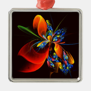 Blauw Sinaasappel Bloemen Modern Abstract Kunstpat Metalen Ornament