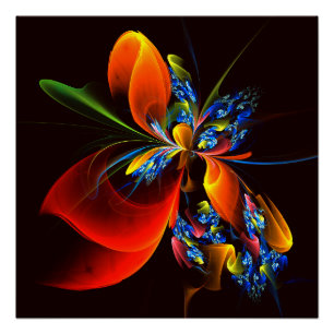 Blauw Sinaasappel Bloemen Modern Abstract Kunstpat Perfect Poster