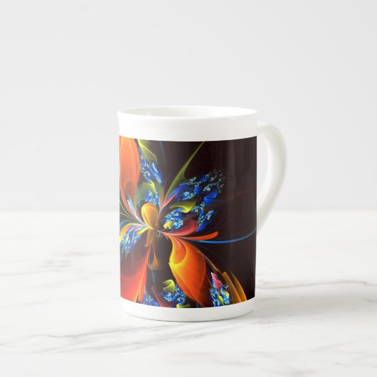 Blauw Sinaasappel Bloemen Modern Abstract Kunstpat Porselein Kop (Voorkant rechts)