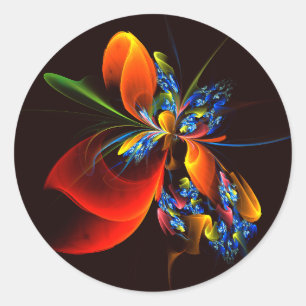 Blauw Sinaasappel Bloemen Modern Abstract Kunstpat Ronde Sticker