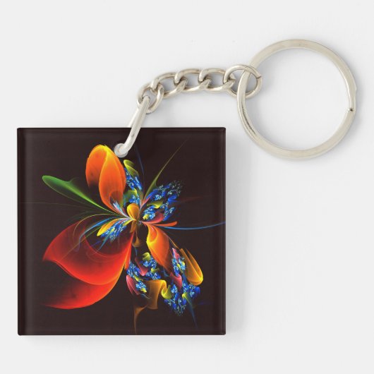 Blauw Sinaasappel Bloemen Modern Abstract Kunstpat Sleutelhanger (Achterkant)