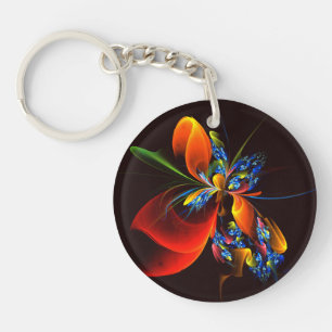 Blauw Sinaasappel Bloemen Modern Abstract Kunstpat Sleutelhanger