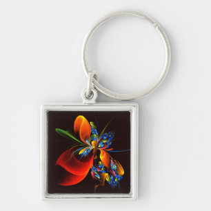 Blauw Sinaasappel Bloemen Modern Abstract Kunstpat Sleutelhanger
