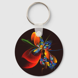 Blauw Sinaasappel Bloemen Modern Abstract Kunstpat Sleutelhanger