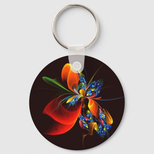 Blauw Sinaasappel Bloemen Modern Abstract Kunstpat Sleutelhanger (Voorkant)