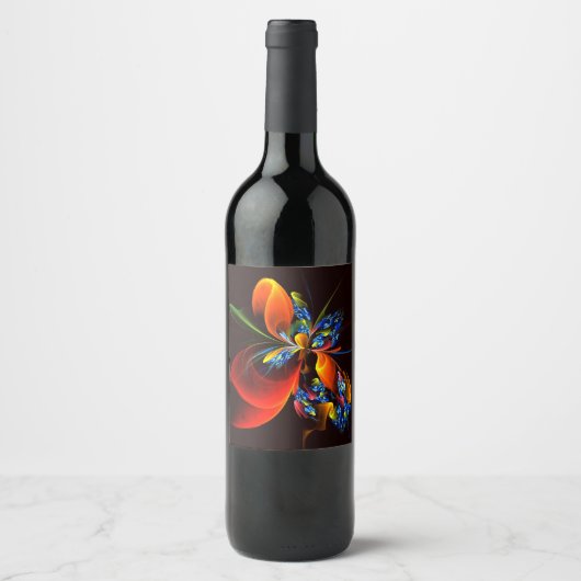 Blauw Sinaasappel Bloemen Modern Abstract Kunstpat Wijn Etiket (Voorkant)