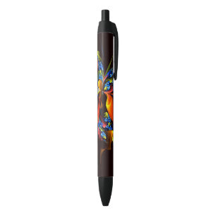 Blauw Sinaasappel Bloemen Modern Abstract Kunstpat Zwarte Inkt Pen