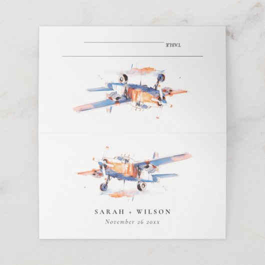 Blauw Sinaasappel Blush Vliegtuig Waterverf bruilo Plaatskaartje (Buitenkant ongevouwen)