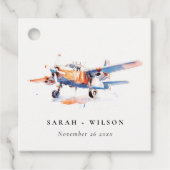 Blauw Sinaasappel Blush Waterverf Air Plane Weddin Bedankjes Labels (Voorkant)