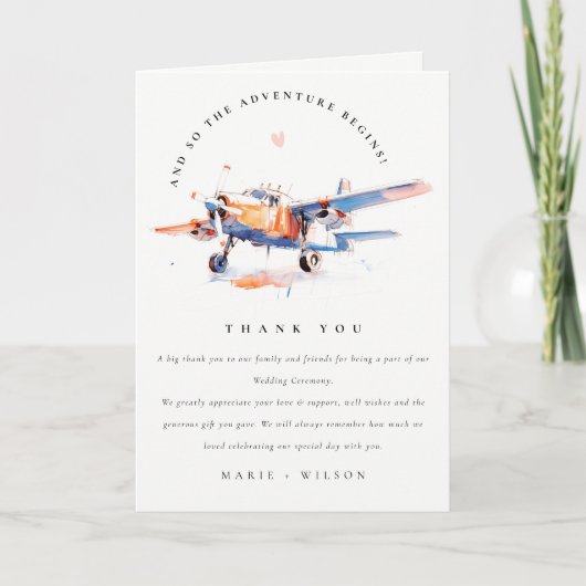 Blauw Sinaasappel Blush Waterverf Air Plane Weddin Bedankkaart (Voorkant)