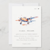 Blauw Sinaasappel Blush Waterverf Air Plane Weddin Kaart (Voorkant)