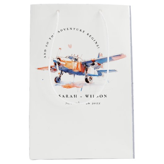 Blauw Sinaasappel Blush Waterverf Air Plane Weddin Medium Cadeauzakje (Voorkant)