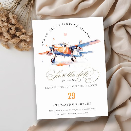 Blauw Sinaasappel Blush Waterverf Air Plane Weddin Save The Date