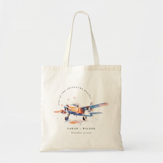 Blauw Sinaasappel Blush Waterverf Air Plane Weddin Tote Bag (Voorkant)